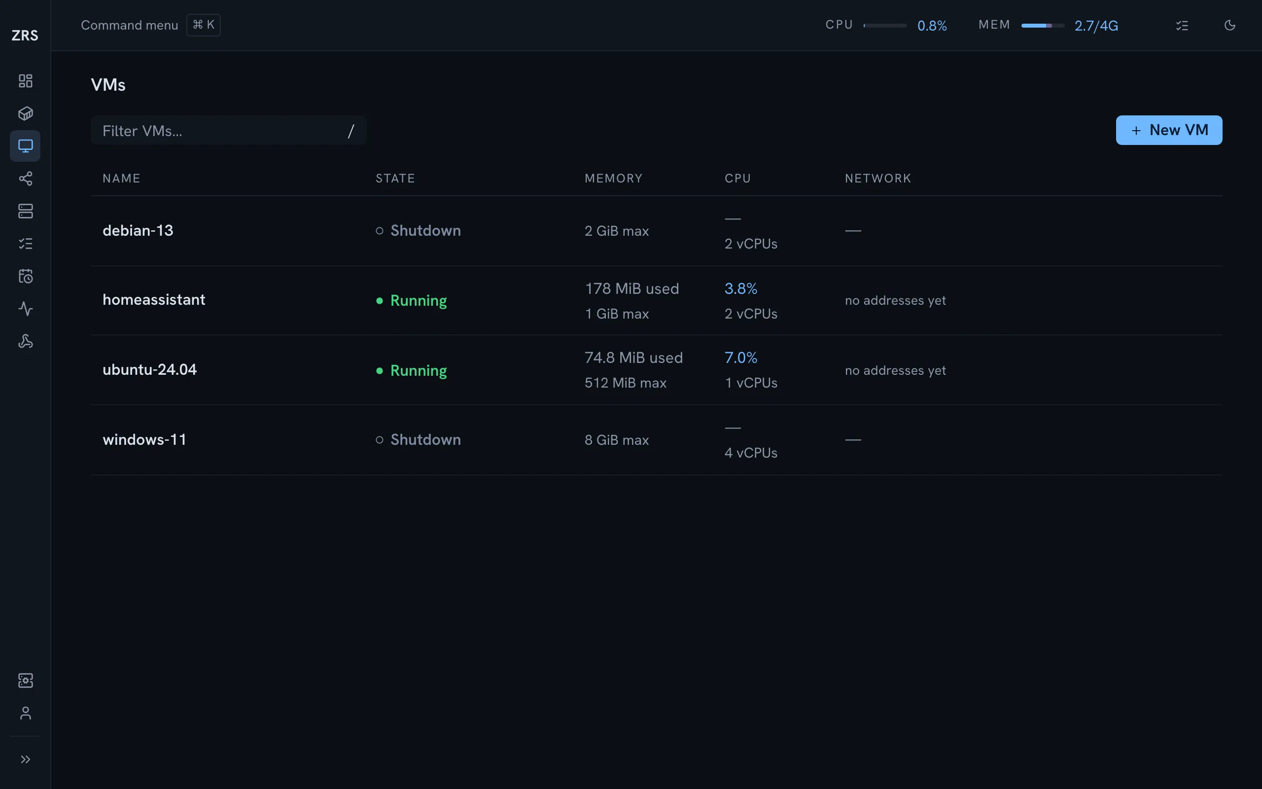 The virtual machines page in ZRS